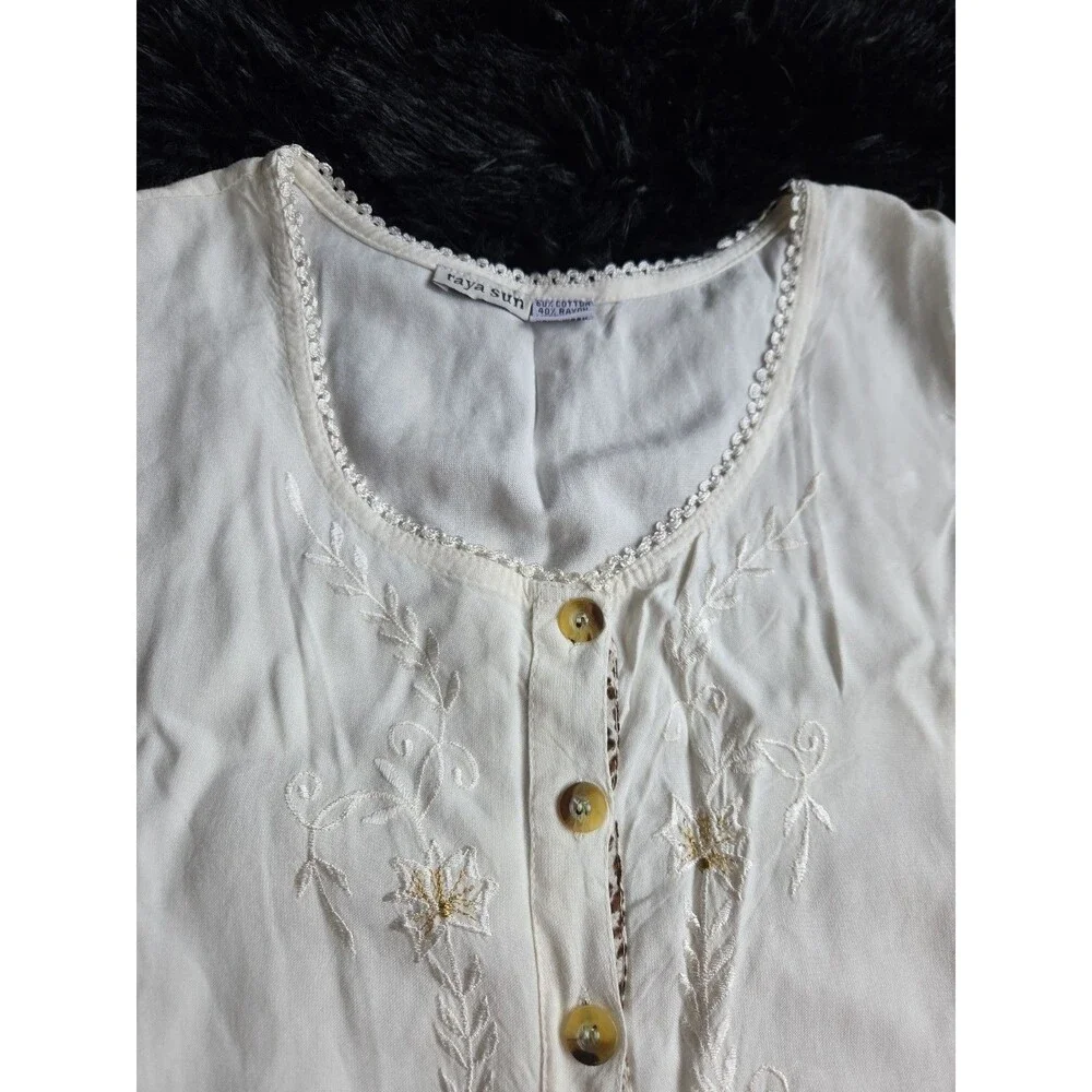 Raya Sun Swing Tank Dress L Cream Embroidery Lace Ruffles Lightweight Buttons - Picture 3 of 11